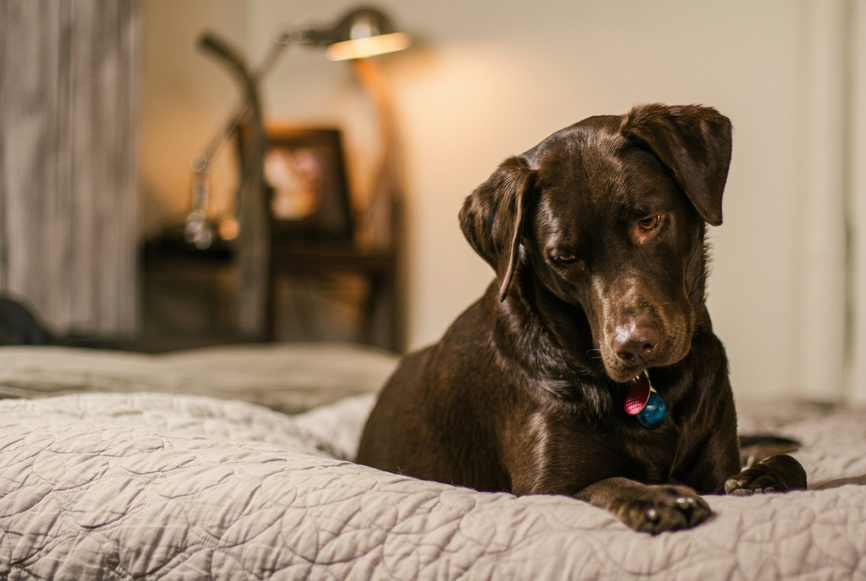 Senior chocolate Labrador resting — cognitive protection stage